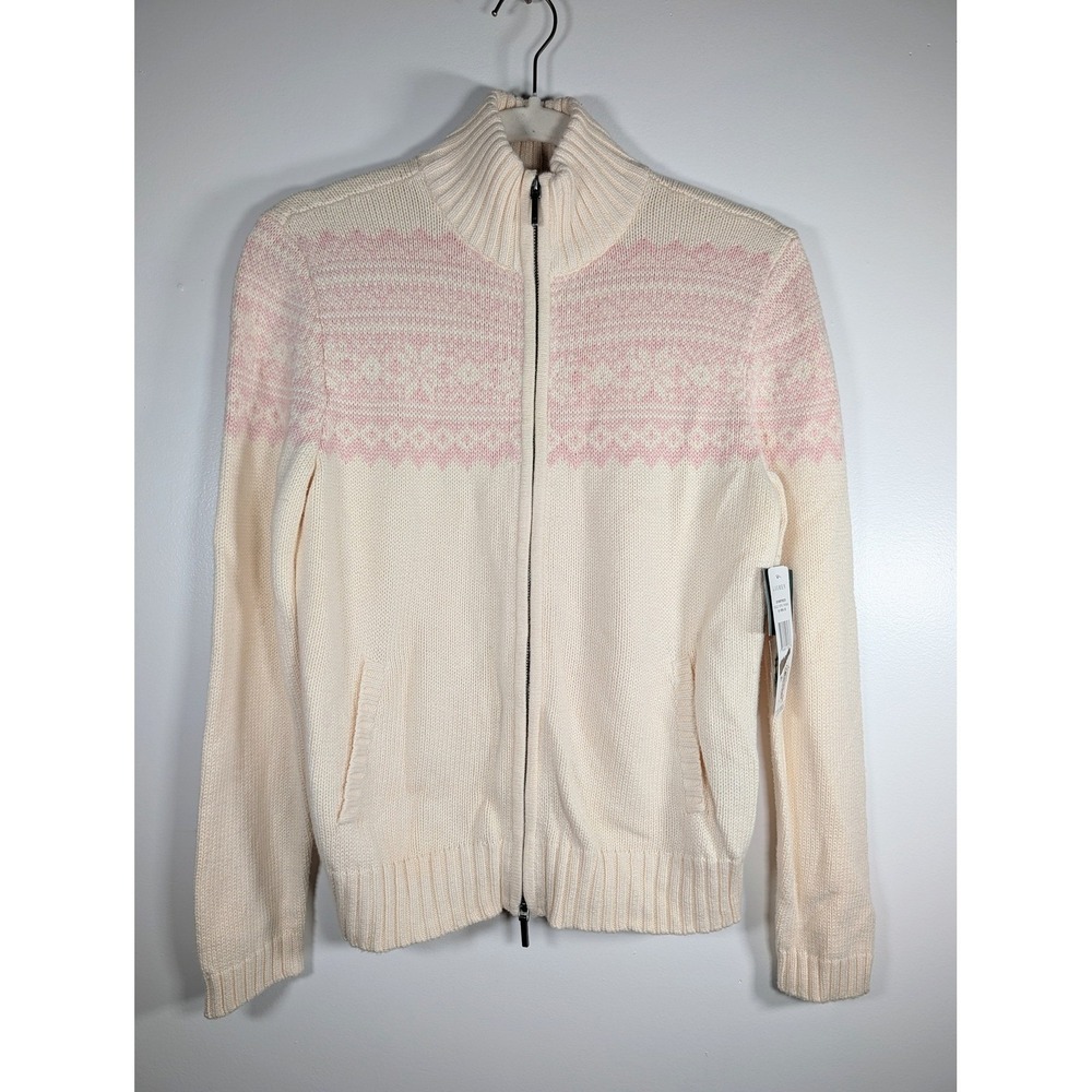 Lauren Ralph Lauren Petite Cream Pink Fair Isle Full Zip Cotton Sweater P/M NEW